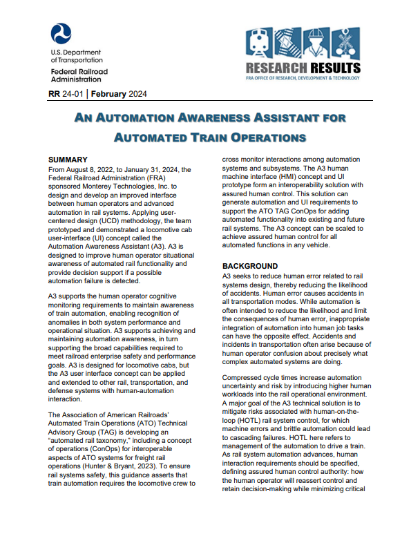 AN AUTOMATION AWARENESS ASSISTANT FOR AUTOMATED TRAIN OPERATIONS