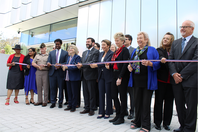 U.S. DOT leadership, state and local leaders, and other partners at the ribbon cutting ceremony marking the opening of the new U.S. DOT Volpe Center facility in Cambridge, MA’s Kendall Square. (U.S. DOT Volpe Center photo)